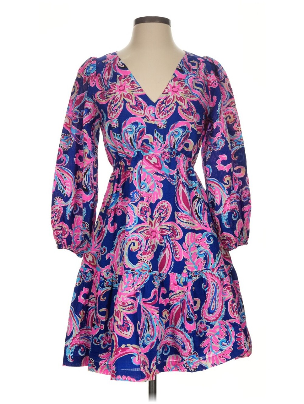 Lilly Pulitzer Deacon Size 2 Blue Pink Paisley V-Neck 3/4 Sleeve Short Dress NWT